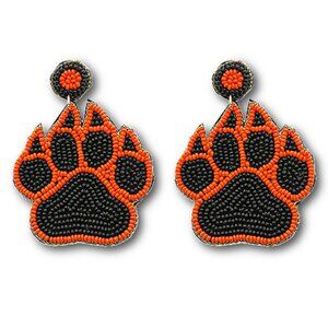 Black Orange Large Seed Beaded Paw Earrings